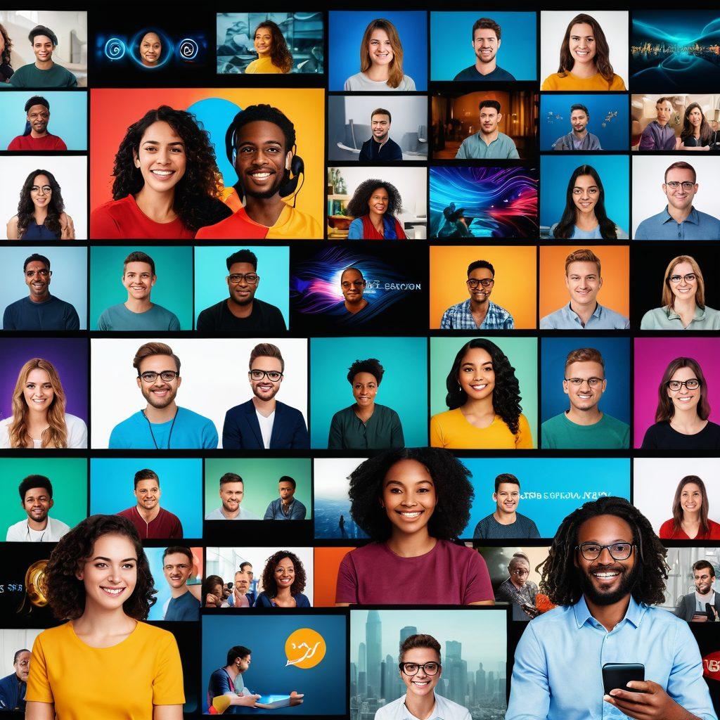 A visually engaging collage of people interacting through various multimedia platforms like video calls, chat apps, and live streaming. Include vibrant graphical elements representing audio waves and visual effects to symbolize interactivity, with a backdrop of a modern digital workspace. Showcase diverse individuals using different devices, emphasizing connection and communication. super-realistic. vibrant colors. digital art.