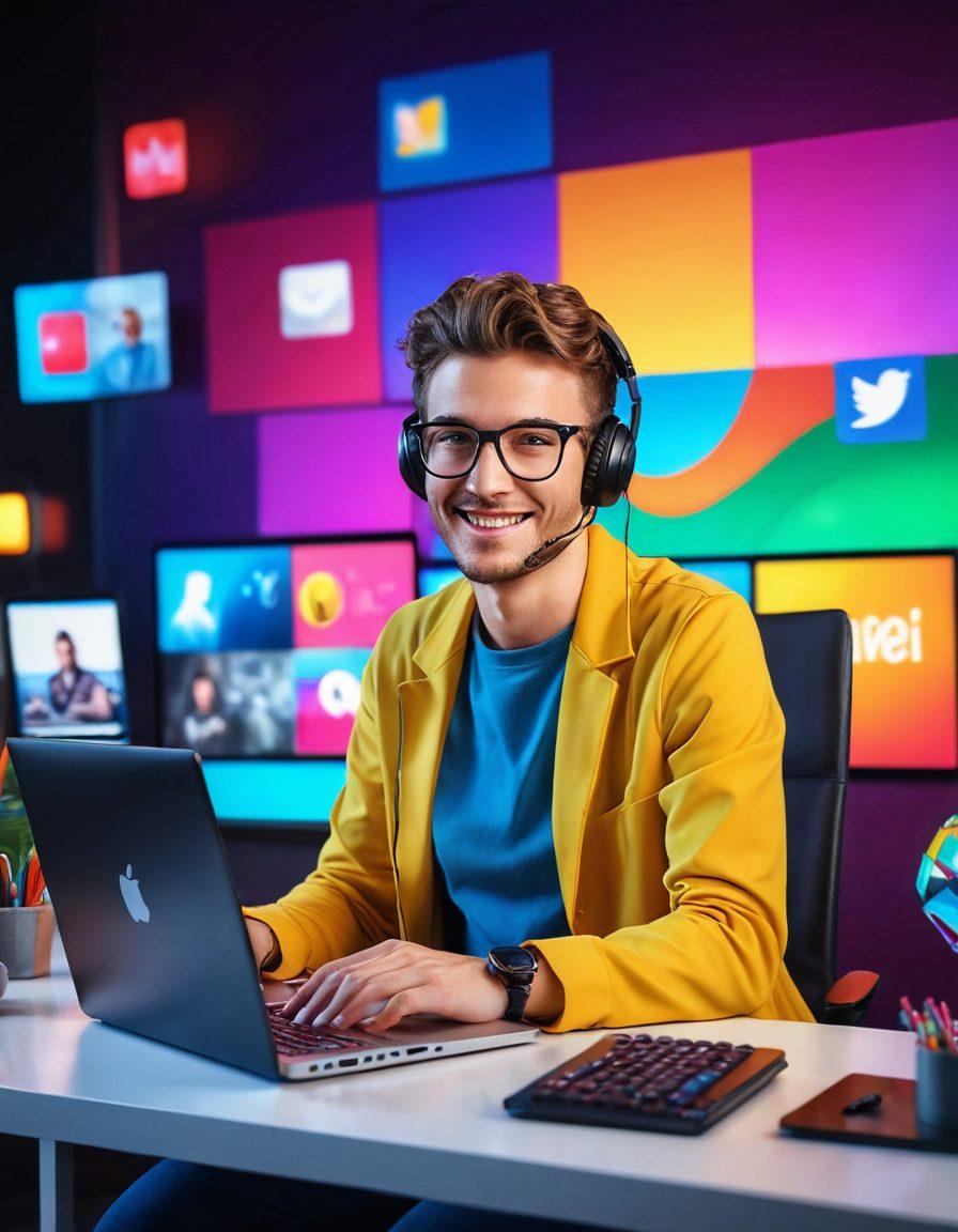 A vibrant setup depicting a content creator in front of a high-tech camera and colorful lights, passionately engaging with a live chat on a laptop screen, surrounded by dynamic graphics of social media icons, and abstract waves symbolizing live streaming. The atmosphere should be energetic and inviting, capturing the essence of vlogging success. super-realistic. vibrant colors. 3D.